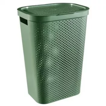 CURVER Infinity Recycled 60L wasbox, groen, 44x35x60 cm, geventileerde wasmand van gerecycled kunststof met deksel en handgrepen