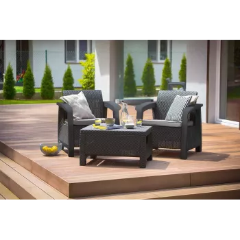 Keter Corfu Weekend 2-zits tuinmeubelset met salontafel, grijs rattaneffect