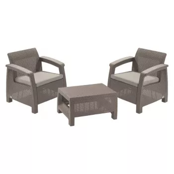 KETER tuinmeubelset Corfu Weekend beige - 2 fauteuils & salontafel, rattanlook outdoor loungeset