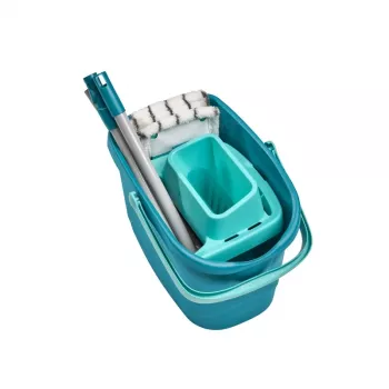 LEIFHEIT Clean & Compact vloerreinigingsset met platte mop en voetpedaal-uitwringer, 8L emmer, microvezelkop, 33cm, wit/blauw
