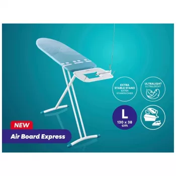 LEIFHEIT Air Board Express L Solid strijkplank 130x38 cm met Thermo-Reflect technologie, in hoogte verstelbaar 75-98 cm, opvouwbaar, schoudervorm, antislipvoeten, strijkijzerplateau, kabelhouder, wit/blauw