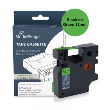 MediaRange kunststof labelbandcassette, vervangt Dymo D1 45019/S0720590, 12 mm x 7 m, gelamineerd, permanent hechtend, zwart op groen (MRDY45019)