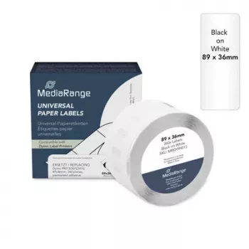MediaRange universele etiketten, vervangen Dymo 99013/S0722410, 89 x 36 mm, 260 stuks, permanent hechtend, zwart op transparant (MRDY99013)