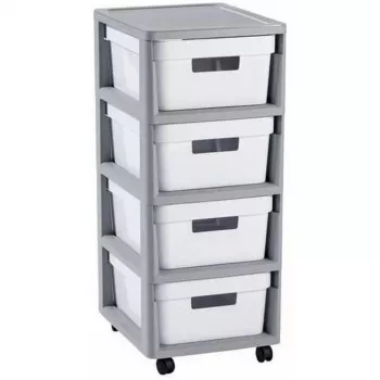 Curver Infinity opbergtoren op wielen met 4 laden, 40 L totaal, grijs/wit