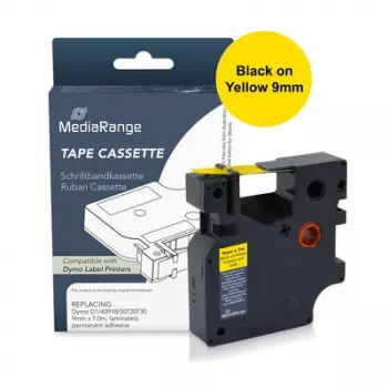 MediaRange kunststof letterbandcassette, vervangt Dymo D1 40918/S0720730, 9 mm x 7 m, gelamineerd, permanent hechtend, zwart op geel (MRDY40918)