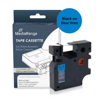 MediaRange kunststof letterbandcassette, vervangt Dymo D1 40916/S0720710, 9 mm x 7 m, gelamineerd, permanent hechtend, zwart op blauw (MRDY40916)