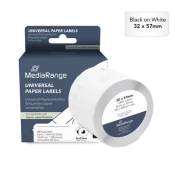 MediaRange universele papieretiketten, vervangen Dymo 11354/S0722540, 32 x 57 mm, 1.000 stuks, afneembaar, zwart op wit (MRDY11354)