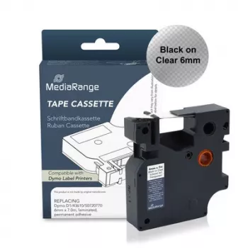 MediaRange kunststof schriftbandcassette, vervangt Dymo D1 43610/S0720770, 6 mm x 7 m, gelamineerd, permanent hechtend, zwart op transparant (MRDY43610)