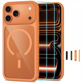 TECH-PROTECT MAGONE MagSafe hoes met 2-pack gehard glas schermbescherming voor iPhone 17 Pro / 18 Pro – Cosmic Orange/helder