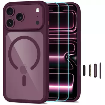 TECH-PROTECT MagOne MagSafe hoes met gehard glas schermbescherming 2-pack voor iPhone 17 Pro Max / 18 Pro Max – Dark Cherry/transparant
