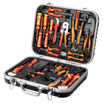 NEO TOOLS 25-delige elektriciensgereedschapskoffer-set, VDE-geïsoleerd handgereedschap met spanningstester, striptang, tangen, schroevendraaiers en accessoires in robuuste kunststofkoffer