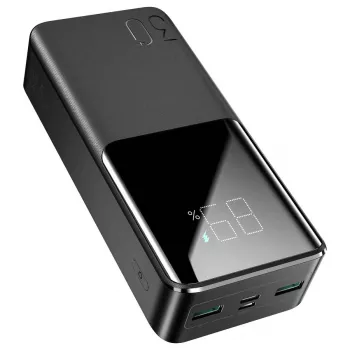 JOYROOM JR-QP193 30000 mAh 22,5W powerbank met digitaal display, PD3.0/QC3.0, 3 uitgangen (2 USB-A + 1 USB-C), 2 ingangen (USB-C + micro USB), zwart