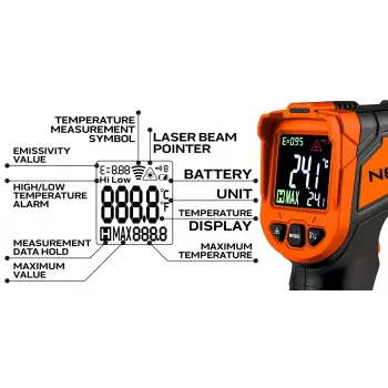 NEO TOOLS 75-276 pyrometer, contactloze infraroodthermometer met dubbele lasermarkering, -50°C tot 880°C, 12:1 D:S, instelbare emissiviteit, verlicht lcd