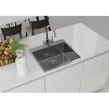 DEANTE ZPO_010B enkele RVS gootsteen, satijn, 440x440 mm, inbouw, met afvoerset