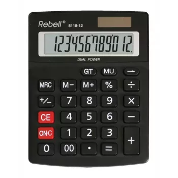 REBELL RE-8118-12 BX halftafel-zakrekenmachine, 12-cijferig gekanteld LCD, dual power solar & batterij, zwart