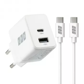 EFB Elektronik G301A1CE 30W GaN USB-C PD3.0 + USB-A QC3.0 wandoplader-set met 2m USB-C-kabel, wit