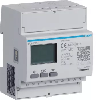 Hager ECP302C draaistroom-energiemeter voor 1A- of 5A-stroomtransformatoren, 4-module-DIN-rail, S0-impulsuitgang