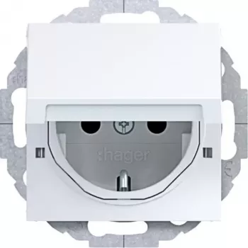 HAGER WAS1213WG Schuko-stopcontact met klepdeksel, 45° inbouw, polarwit