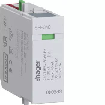 Hager SPE040 overspanningsbeveiligingsmodule L-N Uc 275V In 20kA Imax 40kA Up 1,35kV