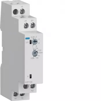 Hager EZF100 multifunctioneel tijdrelais, 230V AC, 8 functies, 0,1s-10h, 1 CO contact, DIN-rail