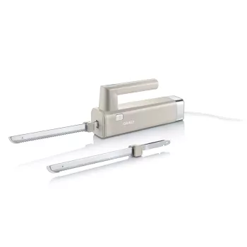 GRAEF EK508EU elektrisch mes 180 W roestvrijstalen bladen, 2 kartelbladen, ergonomische greep, opbergblok van hout, veiligheidsschakelaar, 1,2 m kabel, wit