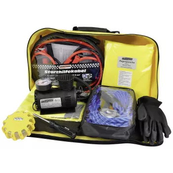 BRÜDER MANNESMANN auto-nood- en pechset met gevarendriehoek, veiligheidshesje, EHBO-set, sleepkabel, startkabels, werkhandschoenen in neongele nylon tas (M01782)