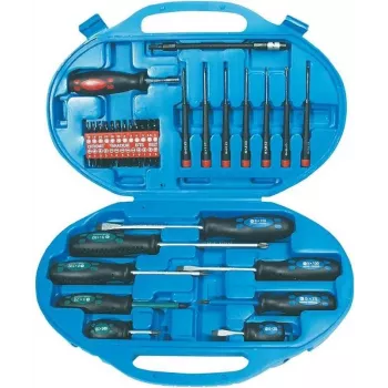 Brüder Mannesmann 11242 42-delige schroevendraaierset met platte-, kruis-, Pozidriv-, Torx-, inbusbits en wandmontabele standaard
