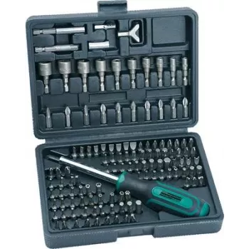 BRÜDER MANNESMANN 122-delige schroevendraaier- en bitset in kunststof koffer, bits van chroom-vanadiumstaal, 1/4 inch zeskant-aandrijving, ergonomische grepen, magnetische bithouder, DIN-norm M29896