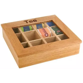 APS lichtbruine bamboe theebox met helder kijkvenster, 9 vakken, 31 x 28 x 9 cm 11775