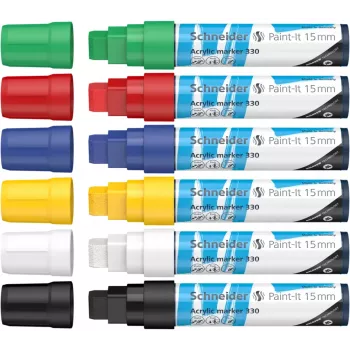 Schneider Paint-It 330 V1 acrylmarker-set, 6 verschillende kleuren, 15 mm beitelpunt 120396
