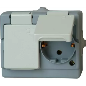 HEINRICH KOPP opbouw IP44 dubbel Schuko-stopcontact, voorbedraad, horizontaal, grijs 1302.4800.6