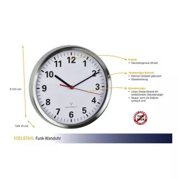 TFA Dostmann 60.3529.02 draadloze wandklok 220 mm aluminium secondewijzer slepend