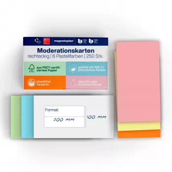 MAGNETOPLAN HOLTZ communicatiekaarten rechthoekig 200 x 100 mm gesorteerde kleuren (roze, groen, geel, wit, blauw, oranje) - 250 kaarten 112501510