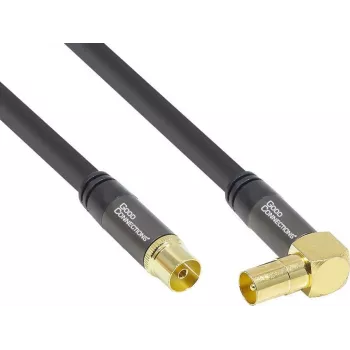 GoodConnections SmartFLEX SAT-antennekabel 7,5m – haakse IEC-coaxiale stekker naar bus, verguld, viervoudig afgeschermd, 120dB, zwart (GC-M2076)