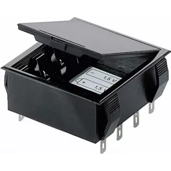 Bopla batterijhouder voor 4 AA (penlite) cellen met 9V-blok soldeeraansluiting, 65 x 65 x 21,5 mm, zwart 46600000