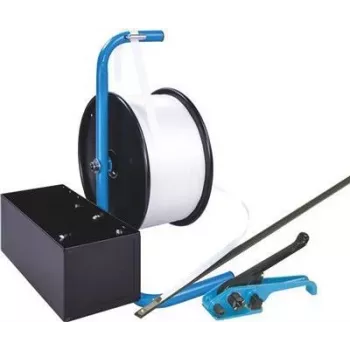 Banholzer & Wenz polyester omsnoeringsset, mobiele dispenser, 19 mm x 600 m, met 1000 draadsluitingen 17066