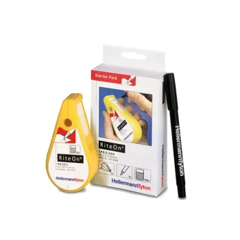 HellermannTyton RiteOn starterspakket met voorgevulde dispensers, 600 zelflaminerende etiketten, wit, 19 x 38 mm, inclusief rode marker 550-14010