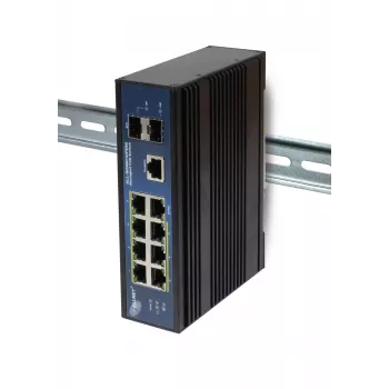 ALLNET ALL-SGI8010PDM industrial managed Layer2+ 10-poorts Gigabit PoE-switch, 7x PoE+ 2x SFP 1x PD, ventilatorloos IP40