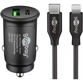 Goobay dual-USB auto-snellader-set Lightning 27 W - USB-C en USB-A auto-oplader met USB-C naar Lightning kabel 72166