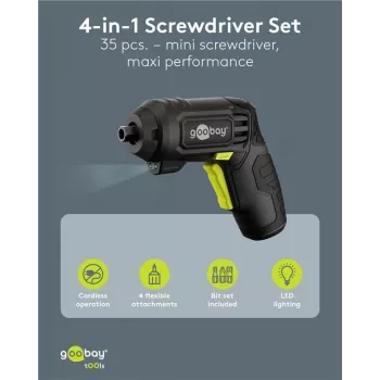 Goobay 77817 4-in-1 mini-accuschroevendraaierset, 35 delen, pistoolvorm, met 4 opzetstukken