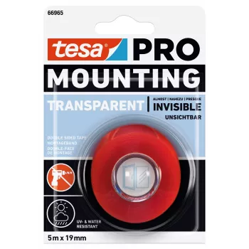 tesa Montage PRO transparant 66965-00001-00 dubbelzijdig acrylschuim montageband, 5 m x 19 mm, houdt tot 10 kg/m, UV- en vochtbestendig, voor binnen en buiten