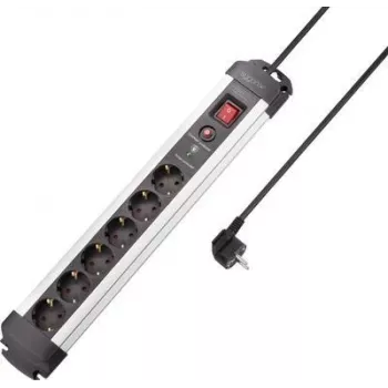 SYGONIX SY-4755612 overspanningsbeveiliging stekkerdoos, 6 Schuko-stopcontacten, overstroombeveiliging, zilver/zwart, 1,5 m kabel