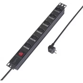 Sygonix SY-6736982 19-inch 6-voudige Schuko PDU stekkerdoos, 1U rackmontage, 2m kabel, Zwart