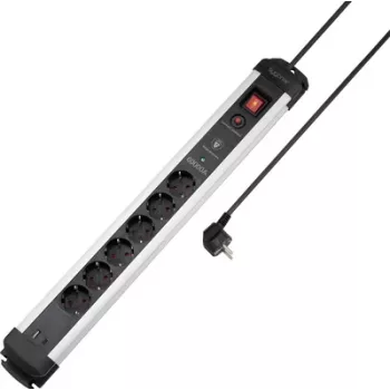 Sygonix SY-6805674 6-voudige overspanningsbeveiligde stekkerdoos met schakelaar, Schuko, 1,5 m kabel, zwart/zilver