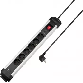 Sygonix SY-6807132 6-voudig overspanningsbeveiliging stekkerdoos, zwart/zilver, 1,5m kabel