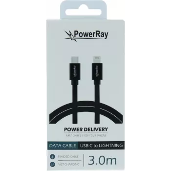 PowerRay USB-C naar Lightning data- en oplaadkabel 3m zwart textiel gevlochten MFi-gecertificeerd PR-DCCL300TBK