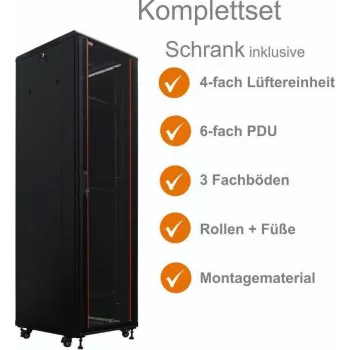 IT-BUDGET 19 inch netwerkkast SRK compleetset, 38U, 600x600 mm, glazen deur voor, stalen deur achter, 4 actieve ventilatoren, PDU, legborden, voorgemonteerd, zwart 99ITB19SRK3866GSM