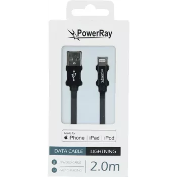 PowerRay PR-DCUL200TBK MFi-gecertificeerde USB-A naar Lightning gevlochten kabel, 2 m, zwart