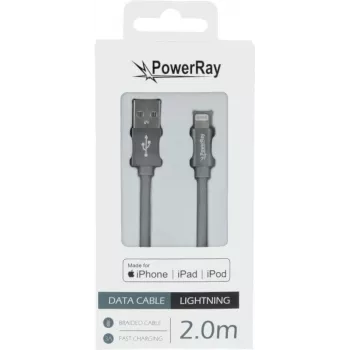 PowerRay PR-DCUL200TGY MFi-gecertificeerde USB-A naar Lightning gevlochten kabel 2m textielgrijs