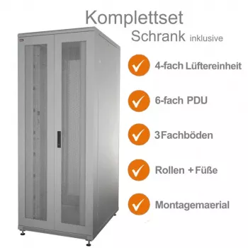IT-BUDGET 19 inch serverrack SRK compleetset - 42U - BxD 800x1000 mm - geperforeerde dubbele deuren voor + achter - 4 actieve ventilatoren - PDU - legplanken - gemonteerd - lichtgrijs 99ITB19SRK42810DTGM